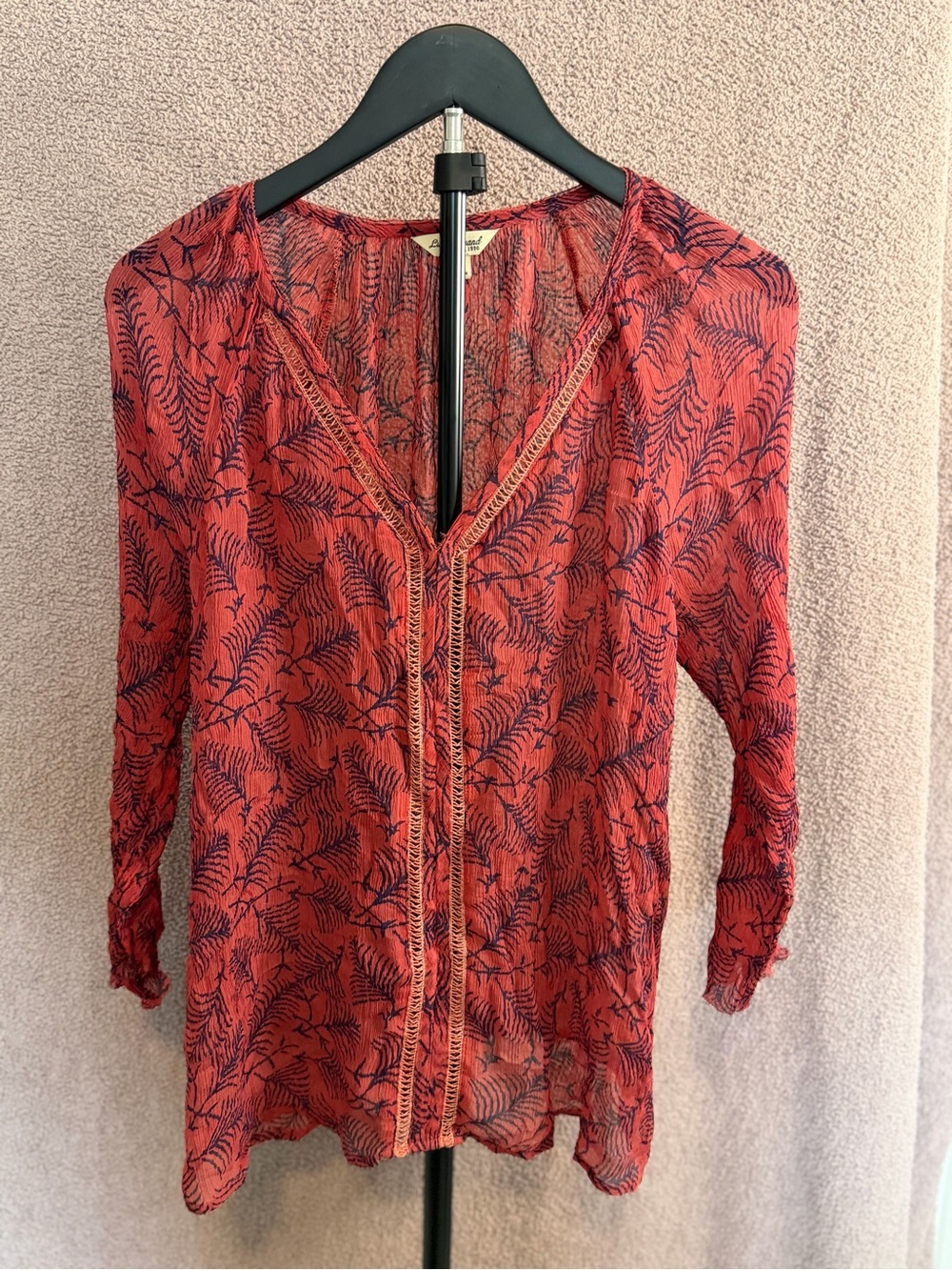 Lucky Brand Women’s Red Navy Floral Print Sheer Boho Blouse Size Large